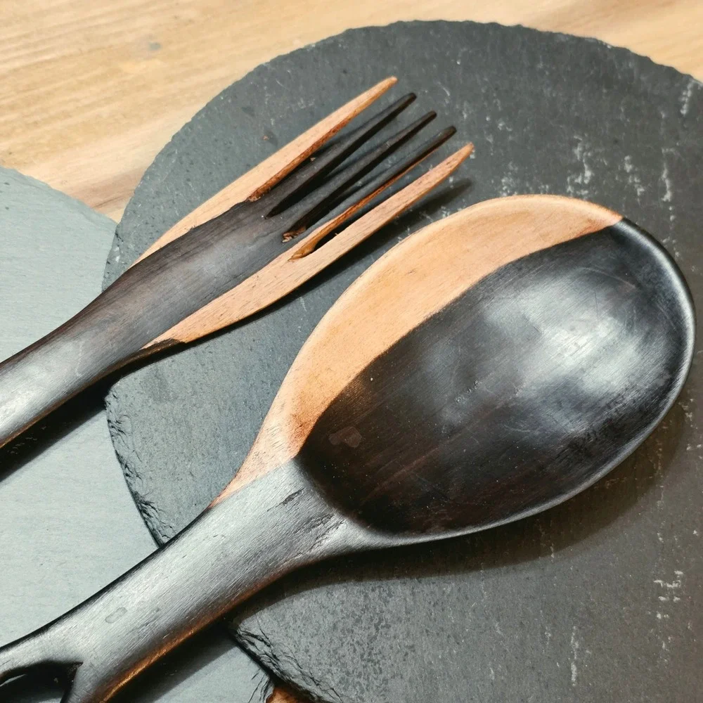 Handmade Two Tone Wooden Salad Server Set Diamond Cutout Handles 12 Inch